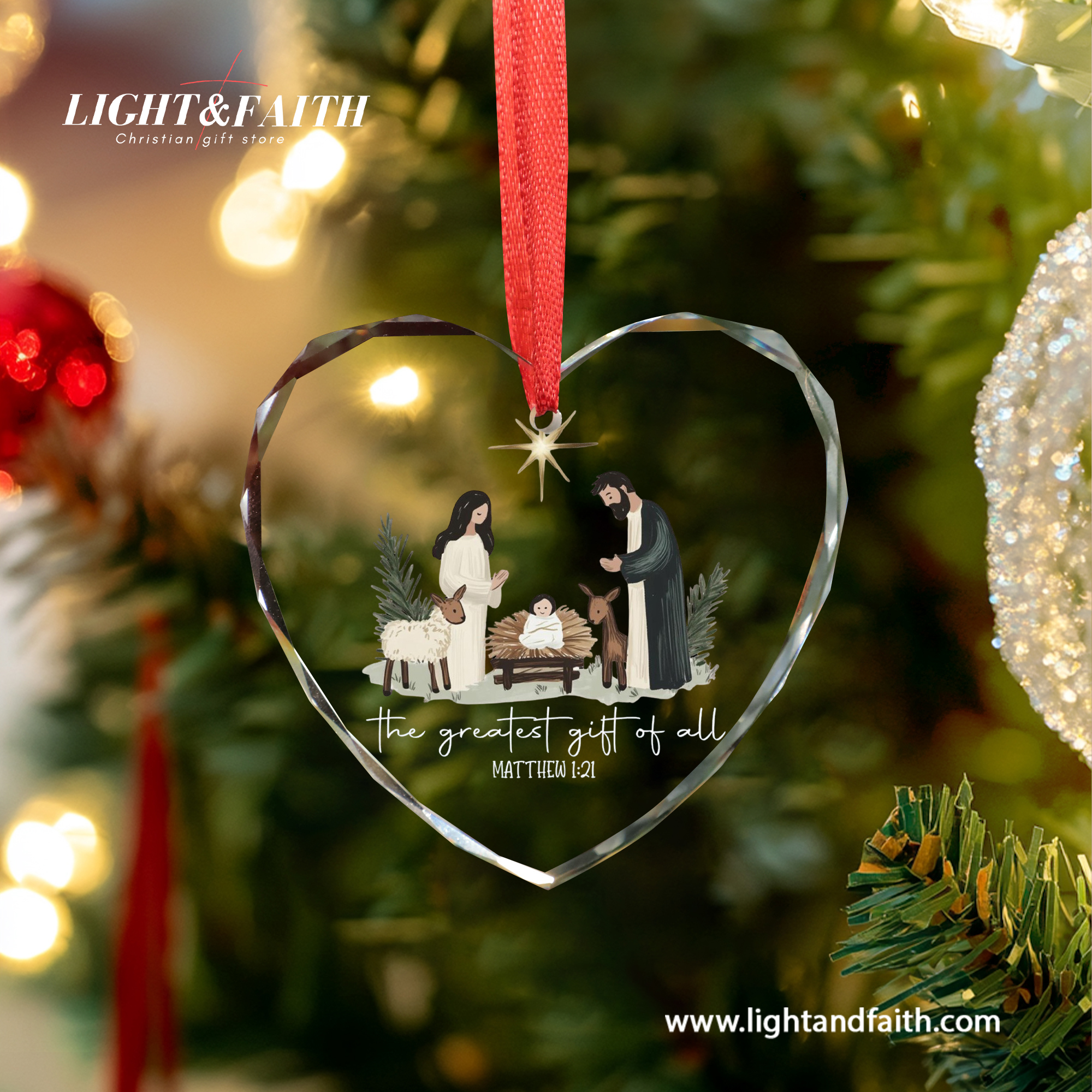 The Greatest Gift of All Glass Ornament, Matthew 1:21 Nativity Scene Ornament, Holy Family Christmas Decor, Christian Faith Gift, Religious Tree Decoration DCLAF58